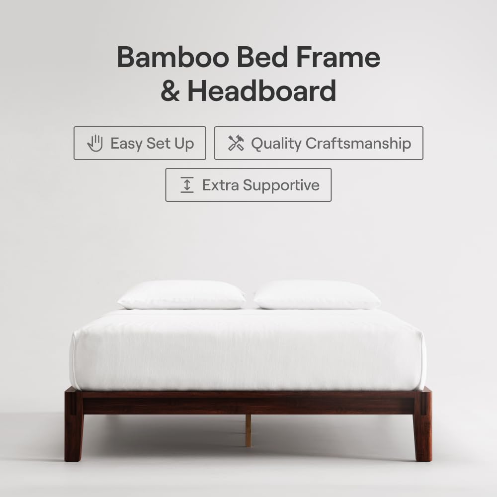 Nectar Bamboo Platform Bed Frame - Full - Walnut - Floating Center Support Legs - 12” Height - Easy Tool Free Set Up - Contemporary and Durable - Sturdy Wooden Support Slats - Holds Up to 800 Pounds Nectar