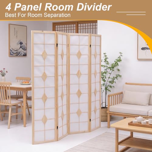 Shoji Room Divider, 67 Inch Tall Japanese Style Room Divider, Folding Privacy Shoji Screen, Dividers for Room Separation, Portable Partition for Home Office - 4 Panel (White) ZFFURN
