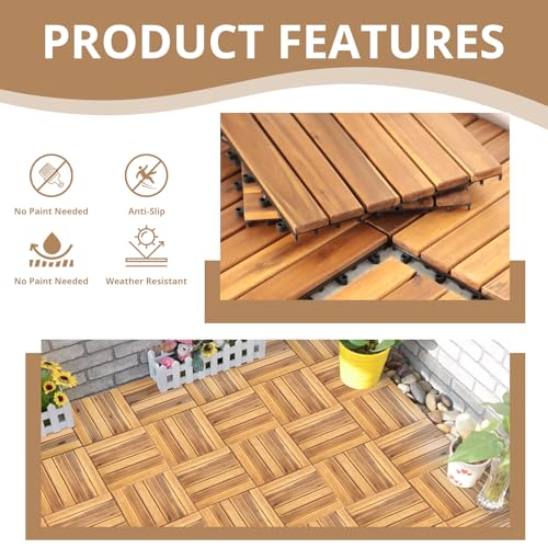 Interlocking Deck Tiles 12x12, Six Slats Waterproof Solid Wood Patio Tiles Flooring Tiles for Indoor and Outdoor Balcony Porch Backyard Garden Poolside All-Weather Use (1 Pack 10 Pieces) Fangflower