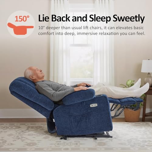 MCombo Power Lift Recliner Chair for Elderly, Lift Chair with Heat and Massage, USB &Type C Ports, Cup Holders, Fabric 7095 (Medium, Navy Blue)