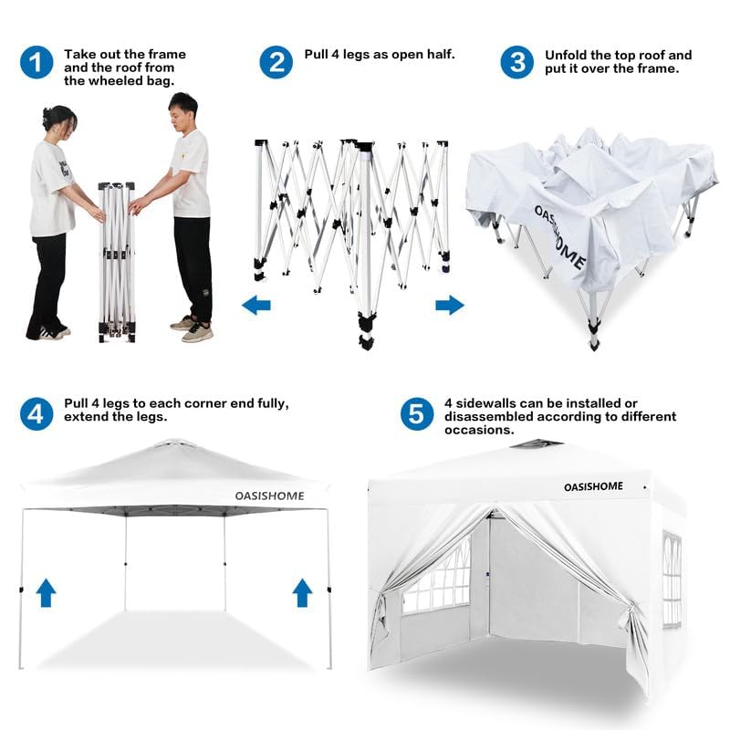 OASISHOME Pop-up Gazebo Instant Portable Canopy Tent 10'x10', with 4 Sidewalls, Windows, Wheeled Bag, for Patio/Outdoor/Wedding Parties and Events (10FTx10FT, White) OASISHOME