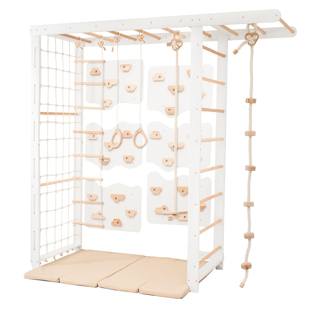 Woodandhearts Swedish Ladder Indoor Kids Gym, Montessori Play Gym Climbing Set, Wooden Indoor Playground for Toddlers with Accessories (with 6 Wall Panels, Big Bridge) Wood And Hearts