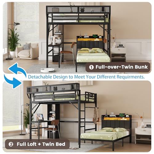 MoproBeti Bunk Bed with Desk,Upper Shelf & Storage Bookshelves,Metal L-Shaped Full Over Twin Bunk Beds with LED & Charge Station,Full Loft Bed w/Ladder,Safety Guardrail for Boys Girls,Black MoproBeti