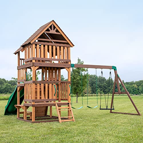 Backyard Discovery Highlander All Cedar Wooden Swing Set, 3 Levels, Step Ladder, Snack Bar with Bench, Sandbox, 2 Belt Swings, Web Swing, 10ft Wave Slide, Rock Wall, Backyard Discovery