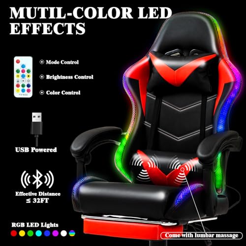 Czlolo Gaming Chair, Racing Style RGB LED Lights Gaming Chairs for Adults and Kids, Lumbar Massager Gamer Chair, High Back Reclining Computer Chair with Footrest and Headrest (Black/Red) Czlolo