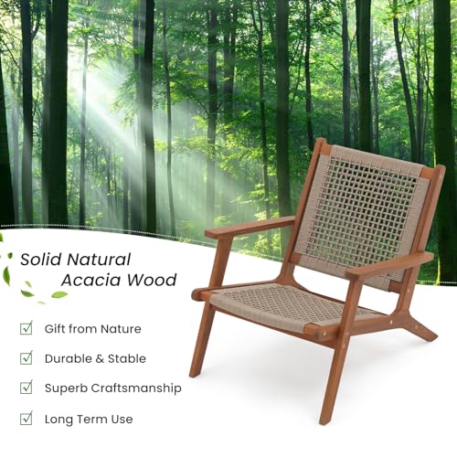 Verano Garden Set of 2 Patio Lounge Chair, Modern Acacia Wood Accent Armchair with Handwoven Rope for Patio,Living Room, Bedroom, Balcony (Beige)