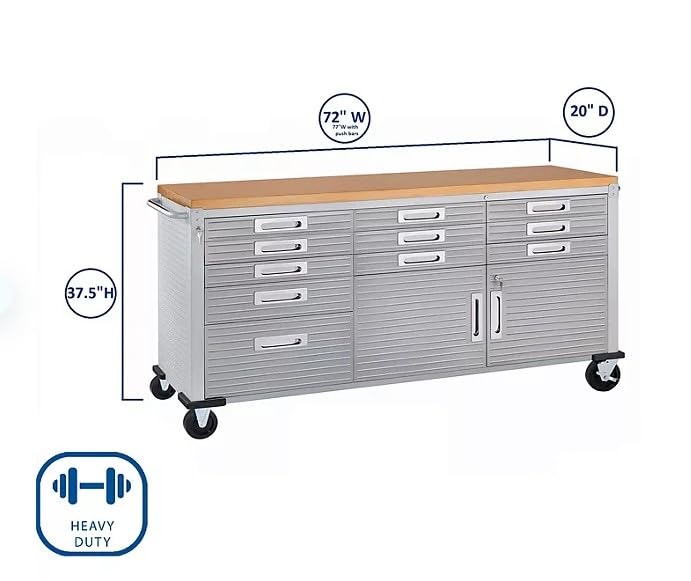 Heavy-Duty Rolling Workbench with Drawers and Cabinet, 77" W x 20" D x 37.5" H, (Granite, 11 Drawer) Generic