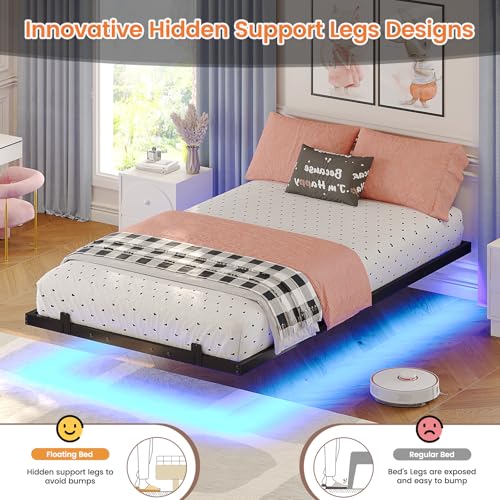 Hasuit Floating Bed Frame Twin Size with LED Lights, Metal Twin Floating Bed Frames for Kids, No Box Spring Needed, Easy to Assemble (Twin) Hasuit