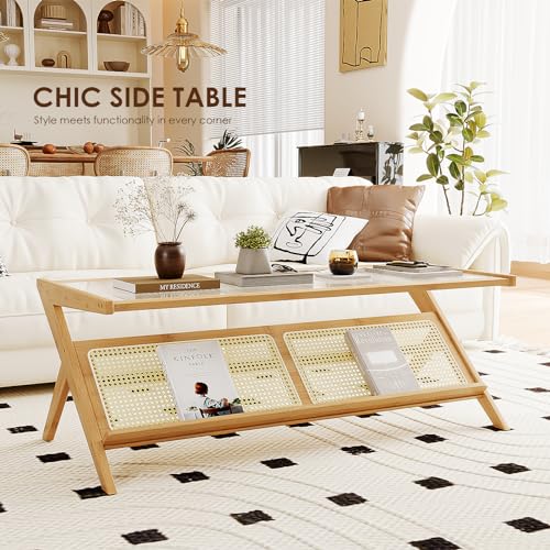 Bamworld Rattan Coffee Table Mid-Century Modern Coffee Table BambooTable with Glass Top for Living Room Office Bamworld