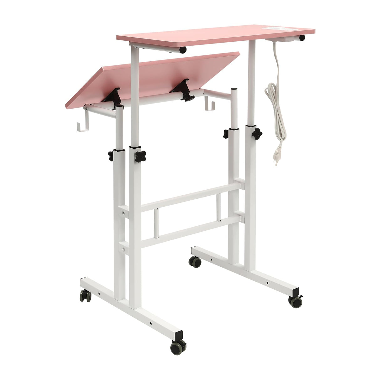 YIPONYT Mobile Standing Desk with 2 USB Ports and Outlets, Adjustable Standing Computer Desk, Standing Adjustable Laptop Cart with Wheels, Rolling Desk Laptop Cart (Pink) YIPONYT