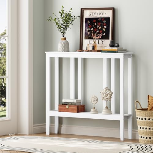 ELYKEN Bamboo Console Tables for Entryway, 36.2" Long 2 Tier Hallway Table Behind Couch, 7” Narrow Sofa Table for Entrance, Entry, Living Room, White ELYKEN