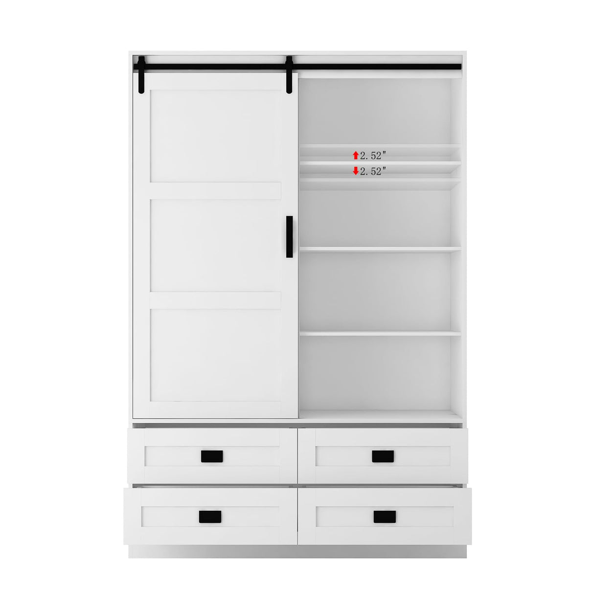 GOSROMS Armoire Wardrobe Closet with Sliding barn Door,Wardrobe Cabinet with 4 Storage Drawers and Hanging Rail,Freestanding Wooden Closet for Bedroom (White) GOSROMS