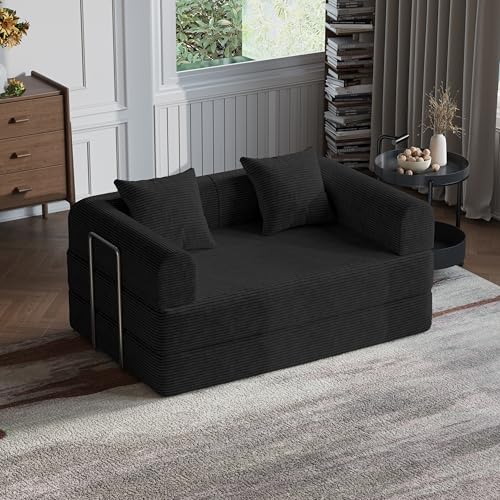 HouseMila 53.15" Boneless Couch,4-in-1 Futon Sofa Bed Modular Loveseat Sleeper Folding Compressed Couch with Pillows,No Assembly Required Convertible Sofa Bed for Living Room Bedroom Guest Room,Black HouseMila