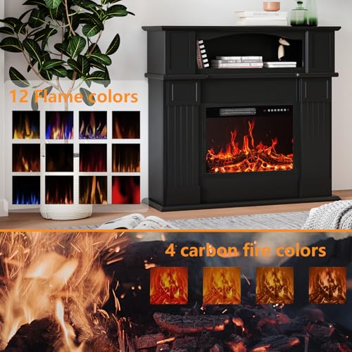 BOSSIN 43" Electric Fireplace with Mantel, 23 inch Electric Fireplace Insert, Freestanding TV Stand with Fireplace Heater,Wooden Surround Firebox Faux Log & Led Flames, Remote Control,750W/1500W Black BOSSIN