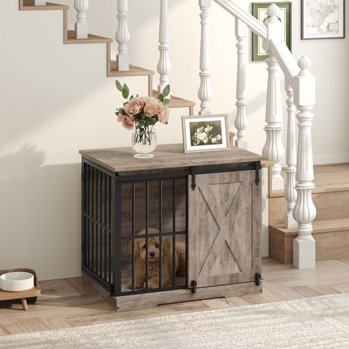 MAHNACRIS 31.5" Farmhouse Dog Crate Furniture with Barn Door, Heavy Duty Dog Kennel for Small Medium Dogs, Wooden Dog Cage End Table, Decorative Pet House, Chew Resistant, Greige DCHG8001 MAHANCRIS