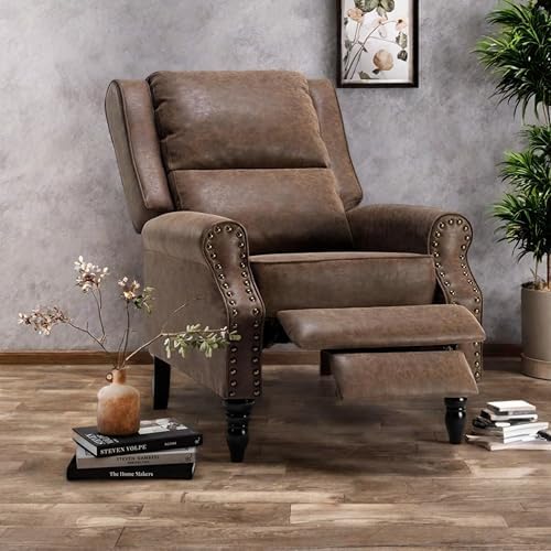 Trygoal Leather Recliner Chair, Pushback Recliner Chair with Adjustable Backrest Footrest, Mid Modern Reclining with Overstuffed Arms Lumbar Support for Reading, Living Room, Coffee Brown