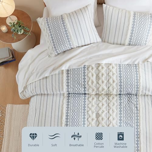 INK+IVY 100% Cotton Duvet Mid Century Modern Design, All Season Comforter Cover Bedding Set, Matching Shams, Full/Queen, Imani Chenille Navy INK+IVY