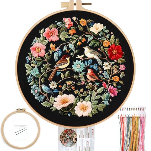 FONNUY Embroidery Kit for Beginners, Birds with Flowers Pre-Stamped Pattern Kits for Adults with Hoop, Easy to Follow Color Thread Needlework, 8'' Hoop (Blue)