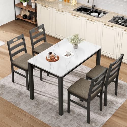 Sophia & William 5 Piece Dining Table Set for 4, Faux Marble Kitchen Table and Chairs Set, Solid Wood Farmhouse Dinner Table Set,Venatino White Marble & Black Sophia & William