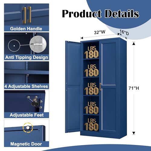 SteeLoong Kitchen Pantry Cabinet,71”Blue Metal Pantry Storage Cabinets with Doors and 4 Adjustable Shelves,Kitchen Cabinet with 2 Gold Handles,Tall Cabinet for Livingroom, SteeLoong