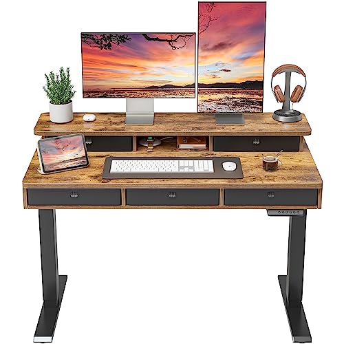 FEZIBO Height Adjustable Electric Standing Desk with 5 Drawers, 48 x 24 Inch Table with Storage Shelf, Sit Stand Desk Black Frame/Rustic Brown Top, 48 inch FEZIBO