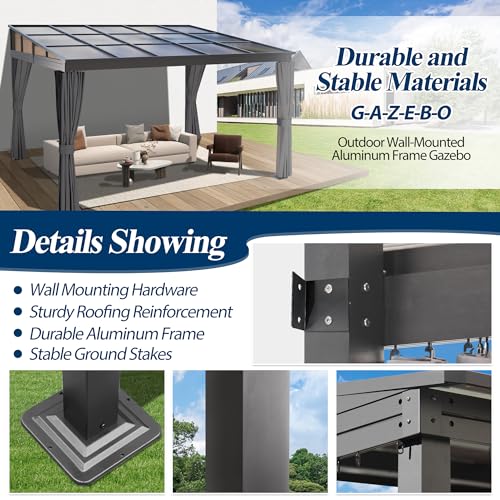 COVERONICS 10' X 13' Outdoor Polycarbonate Hardtop Gazebo - Wall-Mounted Aluminum Frame Gazebo with Slope Roof, Heavy-Duty Lean to Gazebo Pergola with Netting & Curtains for Rainy Day, Sunlight, Yard COVERONICS