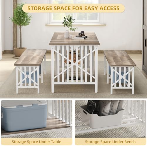 DWVO 3-Piece Dining Table Set for 4-6 People, 63" Dining Room Table with 2 Benches, Industrial Rectangular Dining Room Table Set with Storage for Kitchen, Dining Room, Washed Grey DWVO