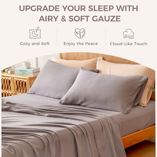 LUTBM King Sheet Set 100% Cotton Bed Sheets Gauze 4 Pcs Grey King Muslin Sheets Set 16" Deep Pocket Sheet & Pillowcase Sets Breathable Boho Soft Bedding Sets for All Season LUTBM