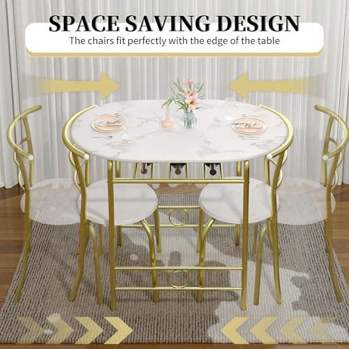 VECELO 3-Piece Dining Table Set for Kitchen Breakfast Nook, Wood Grain Oval Tabletop and Metal Frame with Built-in Wine Rack, for Small Spaces, White & Gold VECELO