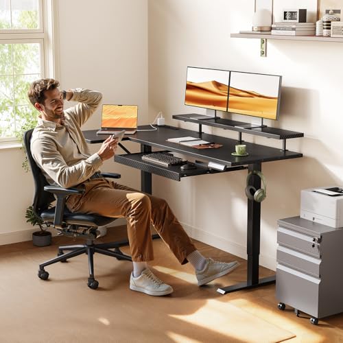 OffiGo 55 Inch L Shaped Electric Standing Desk with Keyboard Tray, Reversible Height Adjustable Corner Computer Desk with Monitor Stand, Sit Stand Up Lift Table for Home, Office, Carbon Fiber Black OffiGo