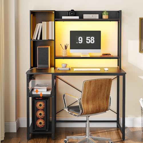HOOBRO Computer Desk, Gaming Desk with LED and Outlets, Home Office Desk with Monitor Stand and Adjustable Shelf, Small Gaming Table with CPU Stand for Home Office, Small Space, Black BB100UDDN01 HOOBRO