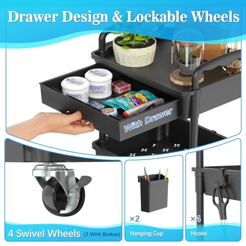 SUNALLY 3 Tier Rolling Cart with Drawer, Bathroom Storage Organizer with 2 Lockable Wheels, Multifunctional Rolling Storage Cart for Bathroom, Kitchen, Office, Craft, Makeup, Baby Essentials, Black