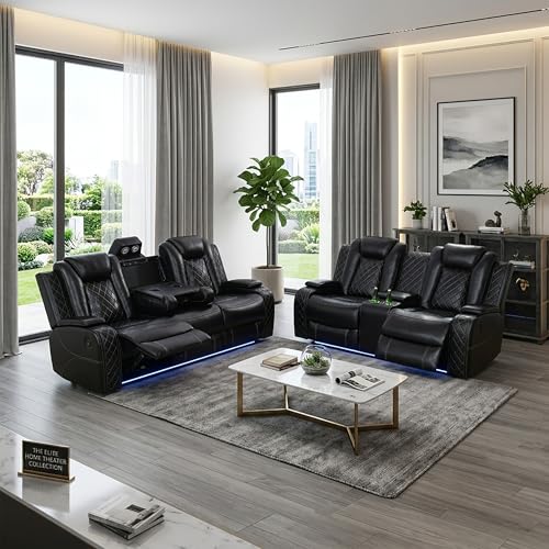 ELDANISH 2-Piece Leather Power Recliner Sofa Set for Living Room with USB Ports,LED Ambient Lighting & Storage Console,Modern Ergonomic Sectional Couch,Home Theater Seating (1Loveseat+1 Sofa,Black)