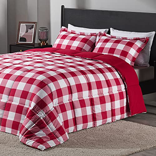 downluxe Lightweight Plaid Comforter Set (Twin) with 1 Pillow Sham - 2-Piece Set - Red/White Plaid - Down Alternative Reversible Comforter downluxe