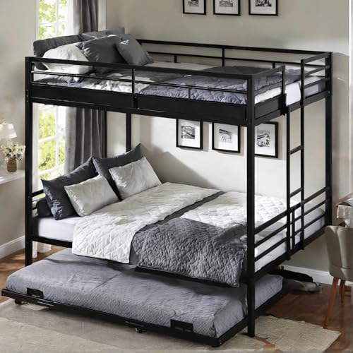 PVWIIK Queen Over Queen Metal Bunk Bed with Trundle for Kids,Heavy Duty Bunk Bed w/Ladder & Full Length Guardrail No Box Spring Needed,for Dorm,Bedroom,Guest Room, Black PVWIIK
