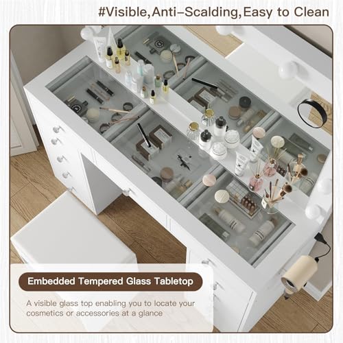 Yanosaku Vanity Desk & Power Outl, Makeup Vanity with Mirror and 12 LED Lights, Makeup Table with 11 Drawers, Vanity Table with Chair,Set 3 Lighting Modes Brightness Adjustable-(White) Yanosaku