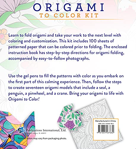 Origami to Color Kit: Includes 100 Origami Sheets, 5 Gel Pens, and 12 Page Instruction Book WoodArtSupply
