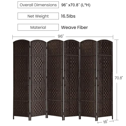 Rose Home Fashion Room Divider, 6 ft Tall Room Dividers and Folding Privacy Screens, 16in Privacy Screen 6 Panel Dark Coffee Space Temporary Wall Foldable Partition Separation Rose Home Fashion