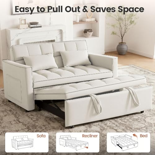 Trygoal Convertible Sofa Bed, Pull Out Couch with Side Pockets, 3 in 1 Velvet Fabric Loveseat Sleeper Sofa Bed, Pull Out Couch with Adjustable Backrest for Living Room, Bedroom, Apartment, White Trygoal