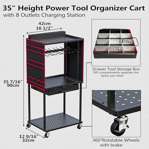 Luffioner Power Tool Organizer Cart with 8 Outlets Charging Station, Tools Storage Cart with DIY Drawer, Wheels, Power Strip, Utility Rack for Power Tools, Batteries, Wrench, Repair Tools (Red) Luffioner