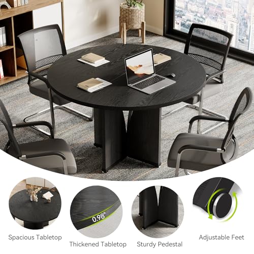 LITTLE TREE 39-Inch Small Conference Table for 4, Round Meeting Table with X-Shape Pedestal, for Office, Conference Room, Small Spaces, Black LITTLE TREE