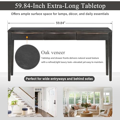 Merax 59.84'' Elegant Console Table with Oak Veneer,Light Luxury Entryway Table with 3 Drawers,Farmhouse Sofa Table with Soft-Corner Design,Suitable for Living Room, Foyer and Hallway, Black Merax