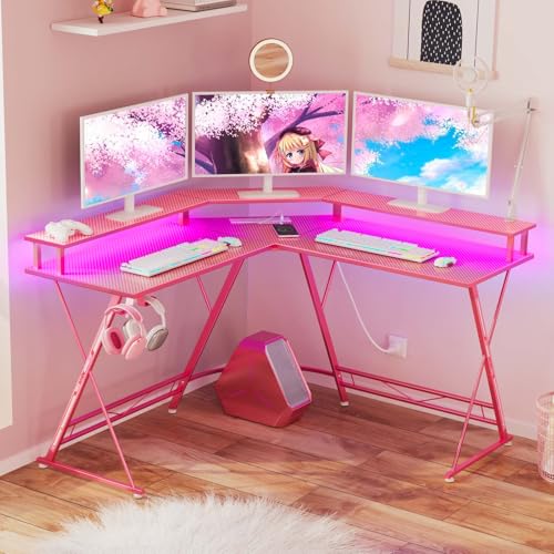 SEVEN WARRIOR Gaming Desk 50.4” with LED Light & Power Outlets, L-Shaped Gaming Desk Carbon Fiber Surface with Monitor Stand, Ergonomic Gamer Table with Headphone Hook, Pink SEVEN WARRIOR