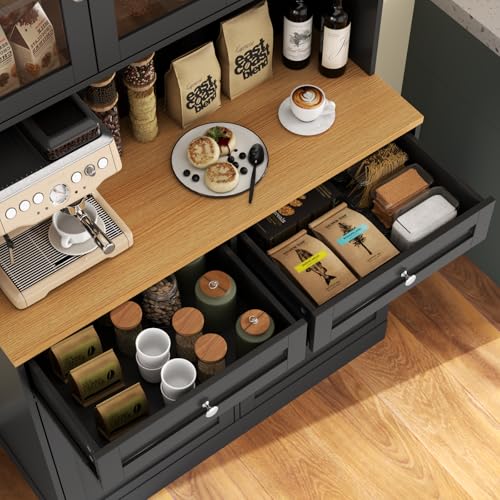 Tall Pantry Cabinet, Modern Kitchen Hutch with Microwave Stand, Kitchen Pantry Storage Cabinet with 2 Darwers & Door Shelf, Food Pantry with Glass Doors & Adjustable Shelves for Dining Room, Black Gyfimoie