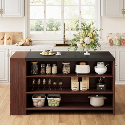 LITTLE TREE 55 Inches Modern Wooden Kitchen Island with Large Worktop & Leg Room, 4-Tier Storage Cabinet for Dining Room, Coffee Bar Table Cabinet for Living Room LITTLE TREE