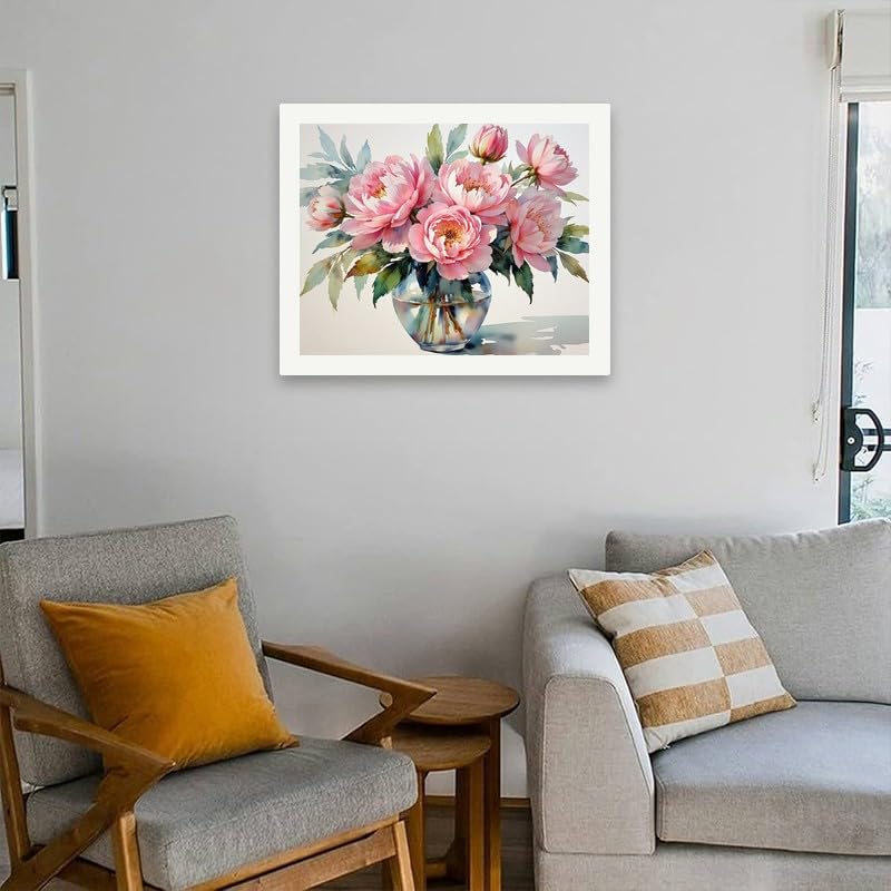Peony Bloom Paint by Numbers Kit for Adults - DIY Pink Flowers in Glass Vase and Petals Falling Painting on Canvas 16x20 Inches, Acrylic Paint Set for Beginners, Art for Home Decoration Gift TAOPAOLAB