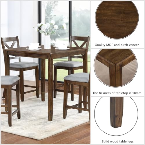 Trygoal Dining Table Set for 4, Modern 5 Piece Dining Room Table Set with Square Table & 4 X-Shaped Backrest Upholstered Chairs, Counter Height Kitchen Chairs Set for Small Space, Walnut Trygoal
