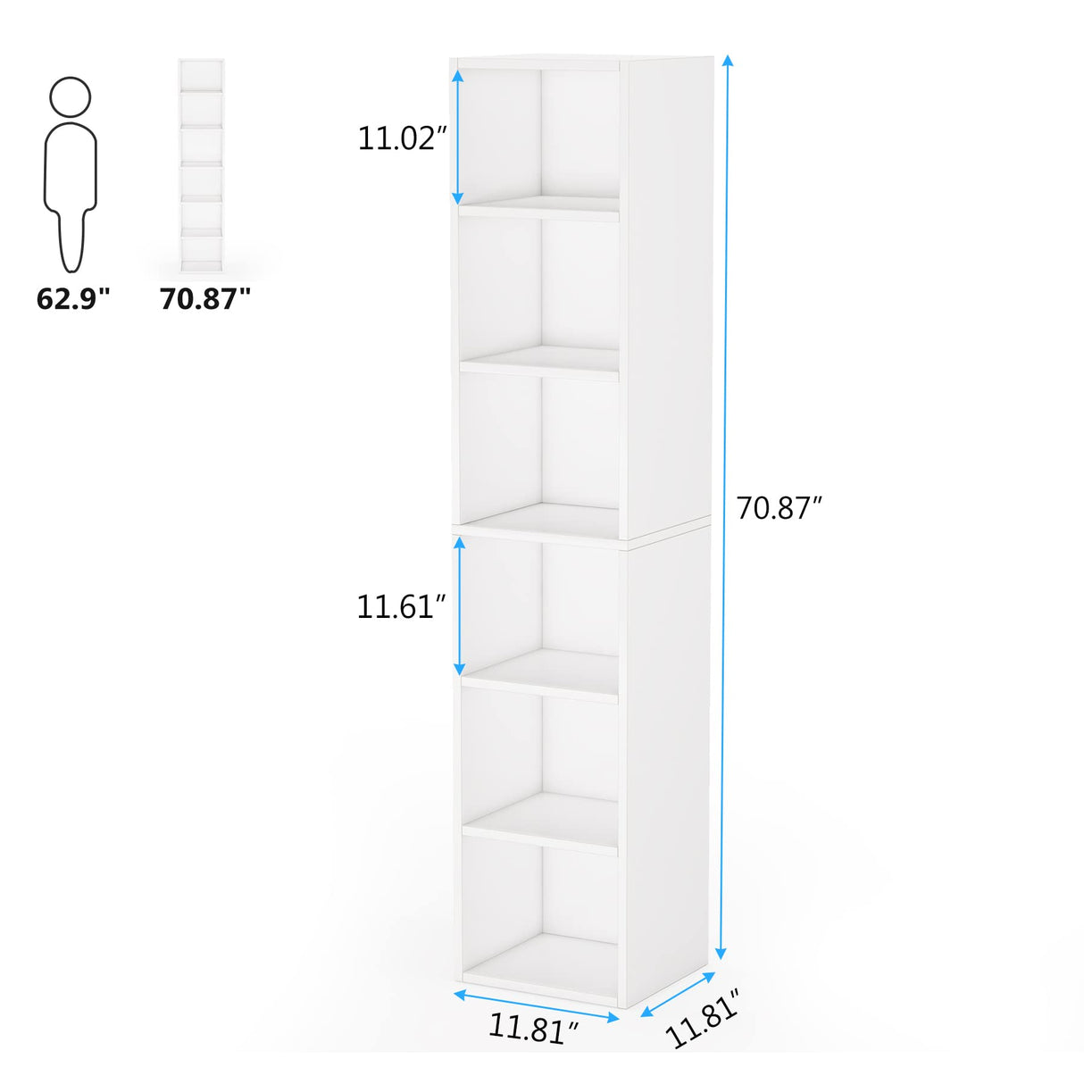 Tribesigns 70.9 Inch Tall Narrow White Bookcase with 6 Tier Cube Shelves for Space-Saving Storage Tribesigns
