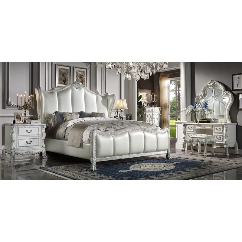 Acme Dresden Faux Leather Channel Tufted California King Bed in Bone White ACME Furniture