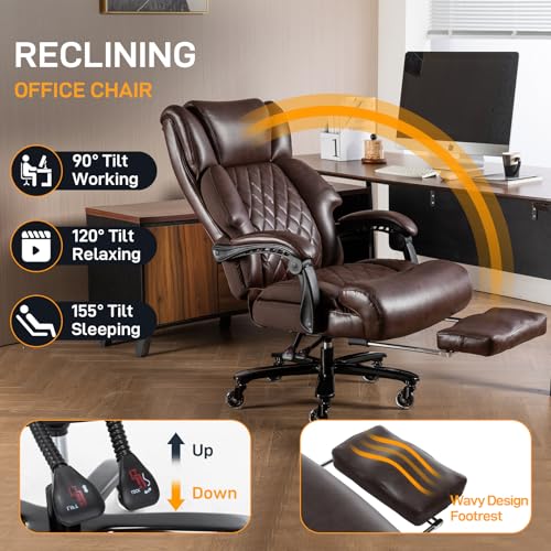 500 LBS Big and Tall Office Chair with Foot Rest High Back Recline Ergonomic Chair for Heavy People, Executive Office Chair Comfortable for Home Office, Large Computer Desk Chair Brown ZSQN